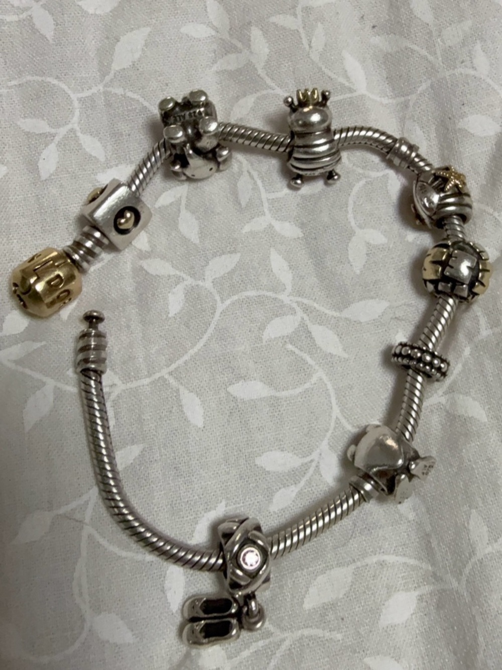 Pandora 14k Gold Clasp Charm Bracelet with Rare & Retired Two-toned Beads! RARE!